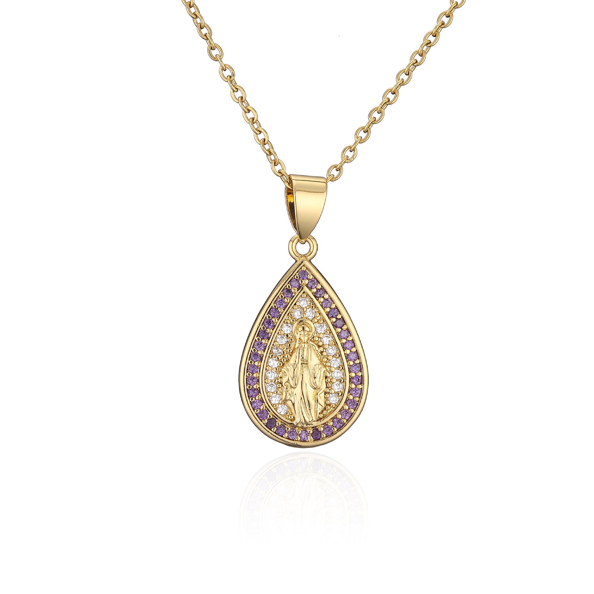 Wholesale Copper Micro-paved Colored Diamond Drop Shaped Virgin Mary Necklace
